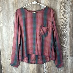 Cloth & stone pink plaid blouse with lace up back, L